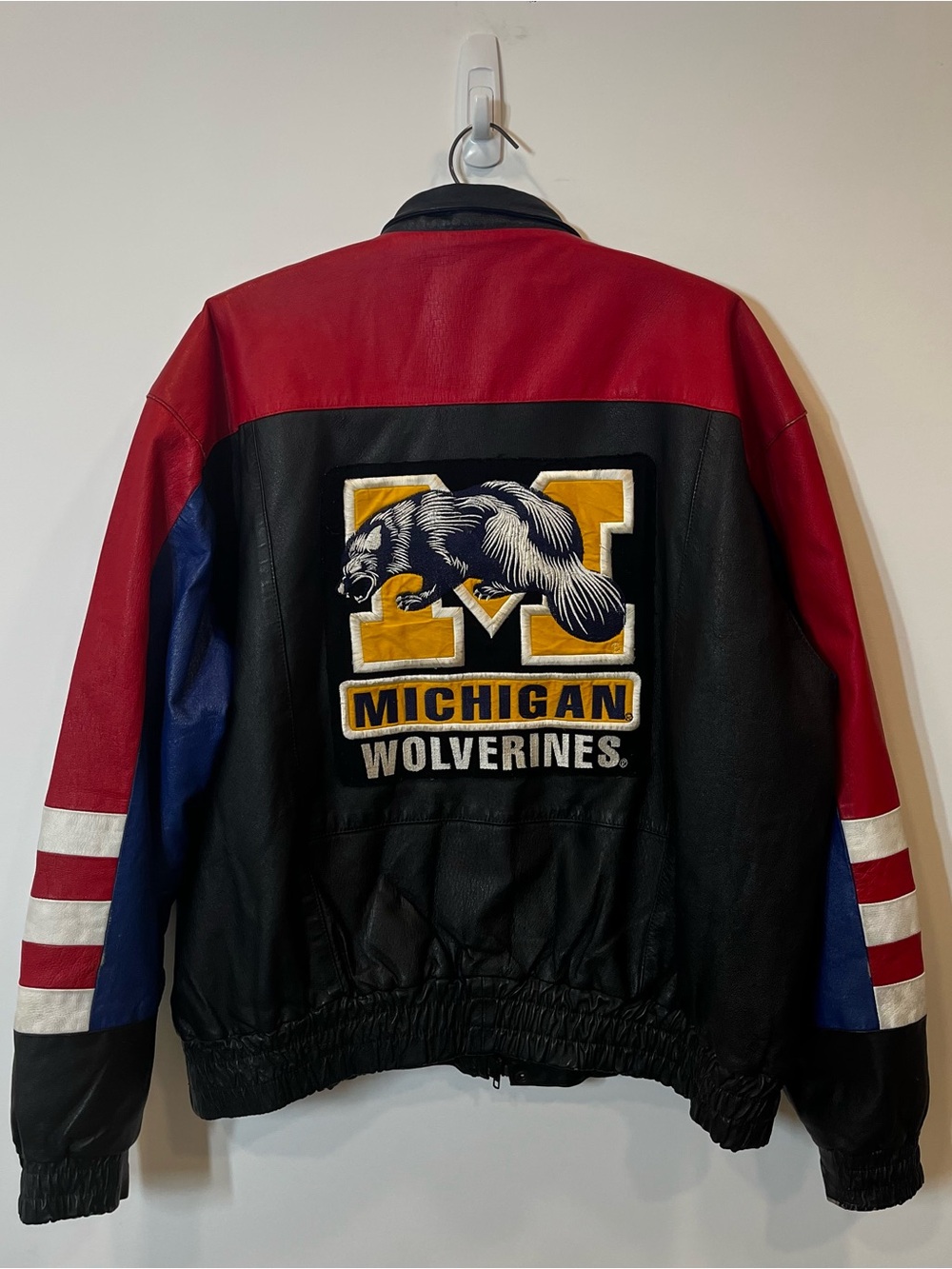 Vintage Michigan Wolverines Leather Bomber Jacket - Black, Red, Blue (2XL)